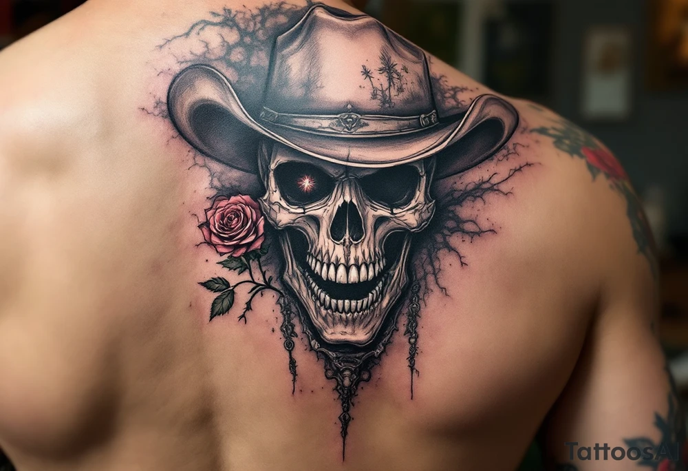 skeleton cowboy with rose in teeth tattoo idea