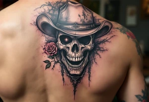 skeleton cowboy with rose in teeth tattoo idea