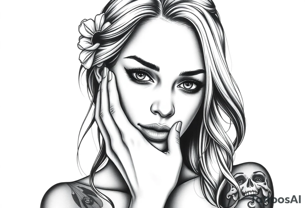 Women holding her face tattoo tattoo idea