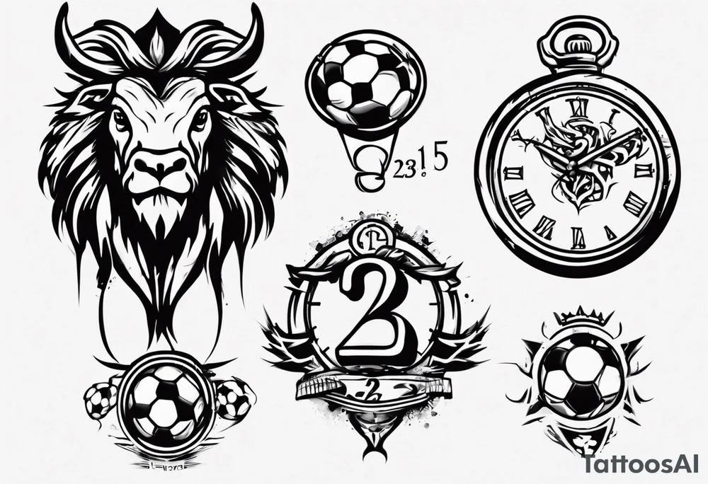 Ballon de football avec le numéro23 ,  une horloge avec une couronne,  le tout avec au fond un taureau tattoo idea