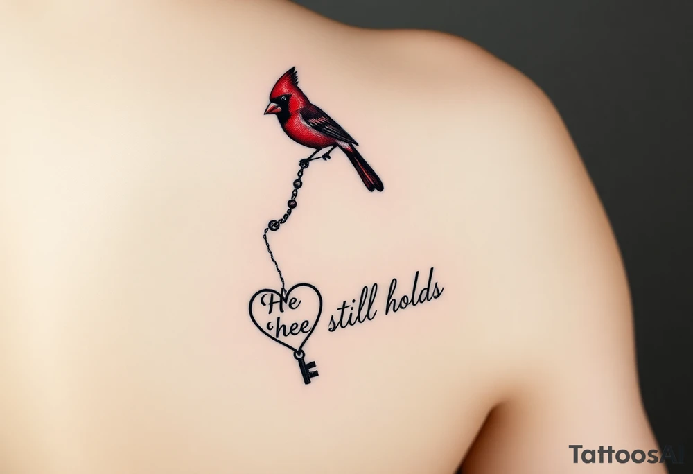 💪 Prompt for Realistic Forearm Mockup

A realistic photo mockup of a tattoo on a right inner forearm. The tattoo shows a red cardinal at the top near the elbow, holding a heart-shaped key by a beaded chain in its beak. The chain flows downward toward the wrist, connecting to a heart lock tattoo near the base. Under the heart, the cursive phrase “He still holds the key” is inked in soft black script. Lighting should show skin texture and natural arm curvature, emphasizing the emotional realism of the memorial tattoo design. tattoo idea