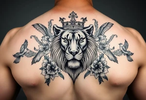 powerful majestic lion with a crown, surrounded by floral ornaments and birds tattoo idea