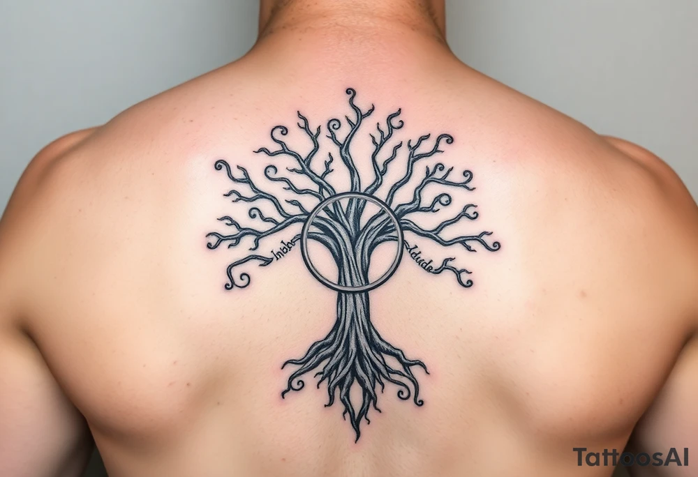 yggadrisl tree of life with circle of runes names Jai, Phoebe, Imogen, Matilda on four branches tattoo idea