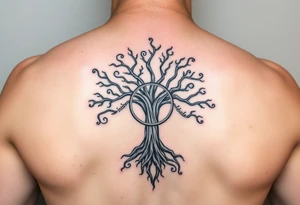 yggadrisl tree of life with circle of runes names Jai, Phoebe, Imogen, Matilda on four branches tattoo idea