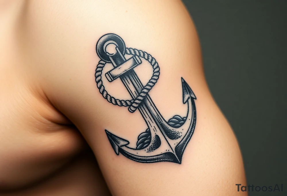 weathered anchor wrapped in nautical rope with sea waves tattoo idea