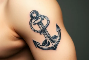 weathered anchor wrapped in nautical rope with sea waves tattoo idea