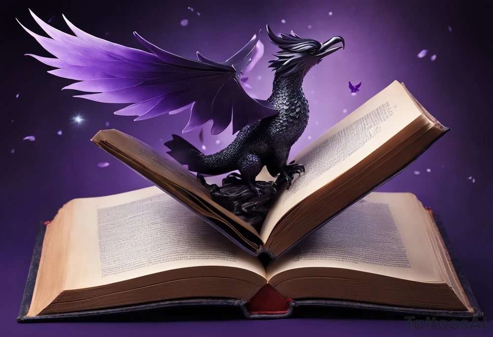 an open book with pages that appear to flutter. Above the book, a delicate small dragon, spirals in the air. To the right, a pawn chess piece stands proudly.  On the left corner of the book, a raven perches, feathers ruffled by an unseen wind. Below, a cluster of lavender flowers blooms, with a charming bumblebee tattoo idea