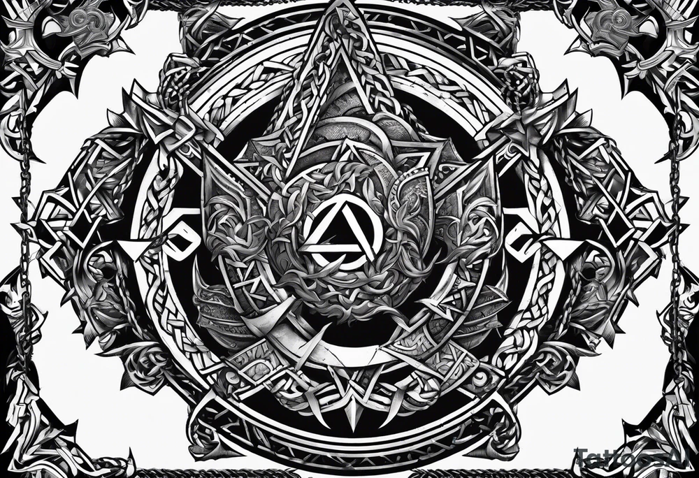 Valhalla sword shield dragon axe Valknut barbed wire chains tribal tattoo idea