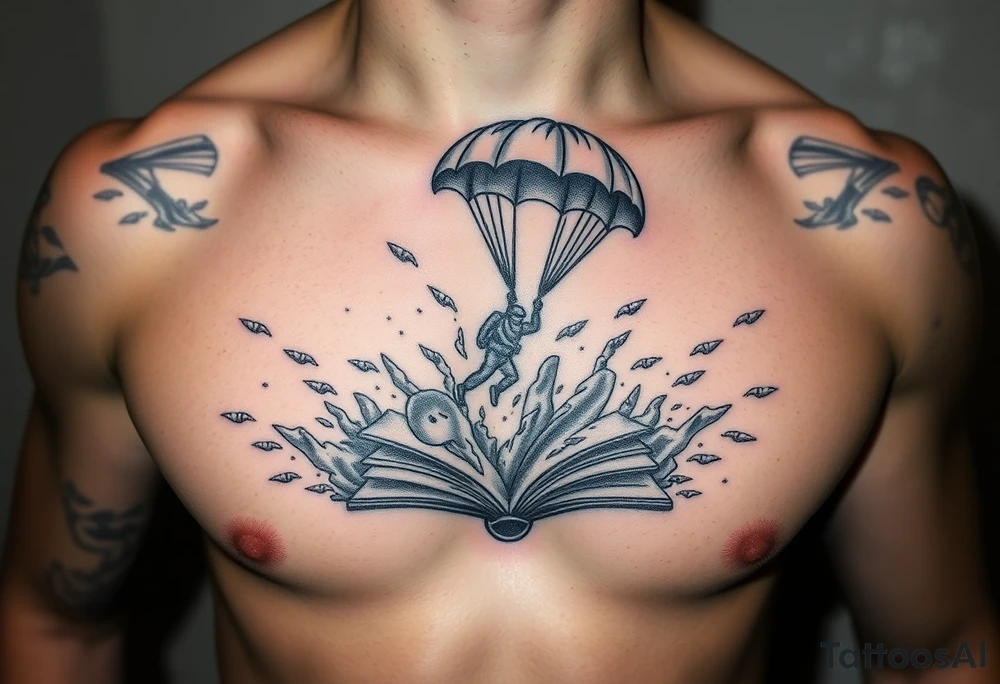 A parachuting soldier landing into an open book. Chaos surrounding, but a sense of security inside the book. On the chest. not cartoon tattoo idea