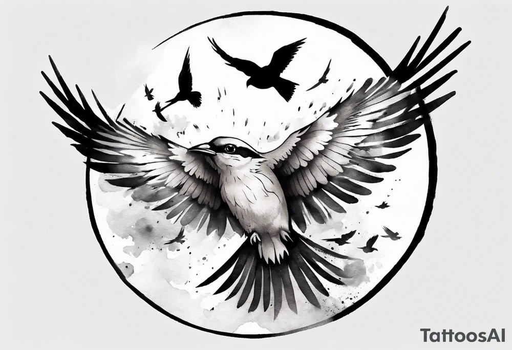 shoulder tattoo with light rays with birds flying free among the clouds, round shape, 3d effect tattoo idea