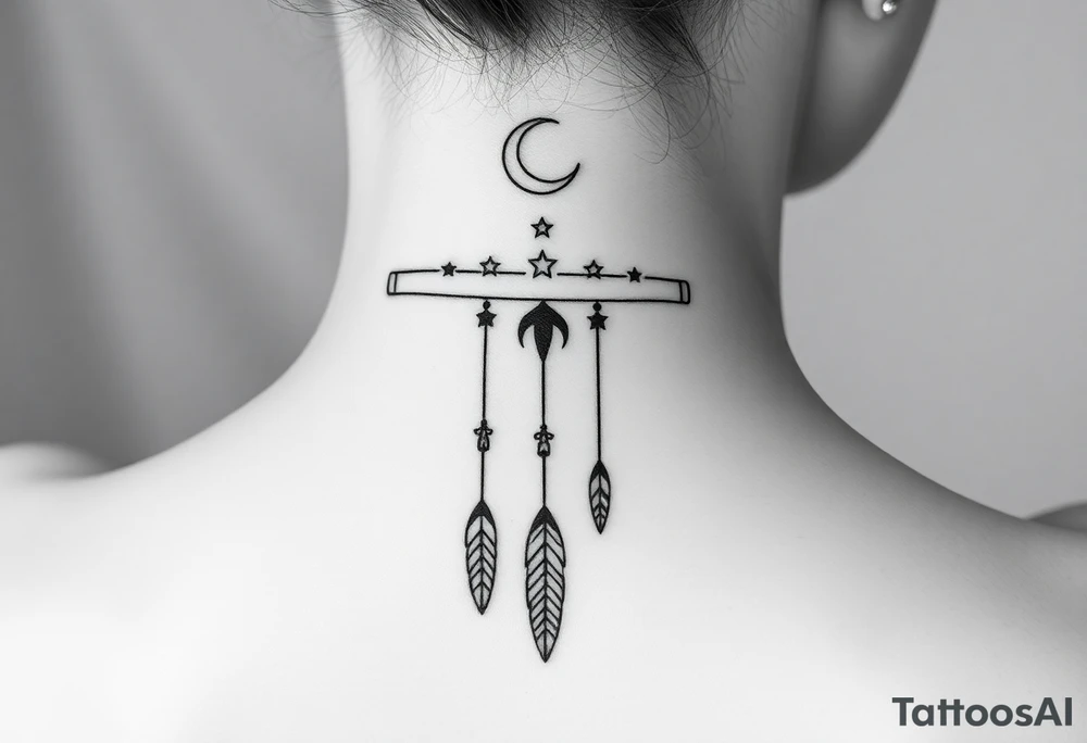 Narrow vertical memorial chain of symbols made of a moon, stars symbolizing loss, a brother and sister bond, and strength in a native script style following down the spine in with 3 vertical different lengths flowing lines made of a discreet connection of morse code ".--- .- --.     .-.. ... -.- .- .-.   -.. .. --.     .-.. .. .-.. .-.. . -... .-. --- .-. forming 3 arrow shapes connected to 3 flowing feathers hanging from the end of the morse code lines tattoo idea