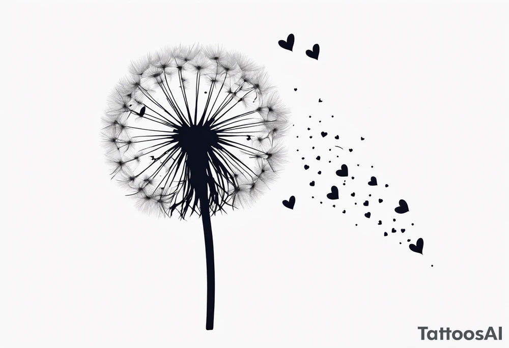 Dandelion with its ligules blowing away, a few legs are tiny hearts, the girls turn into a little bird, flying away to its future tattoo idea