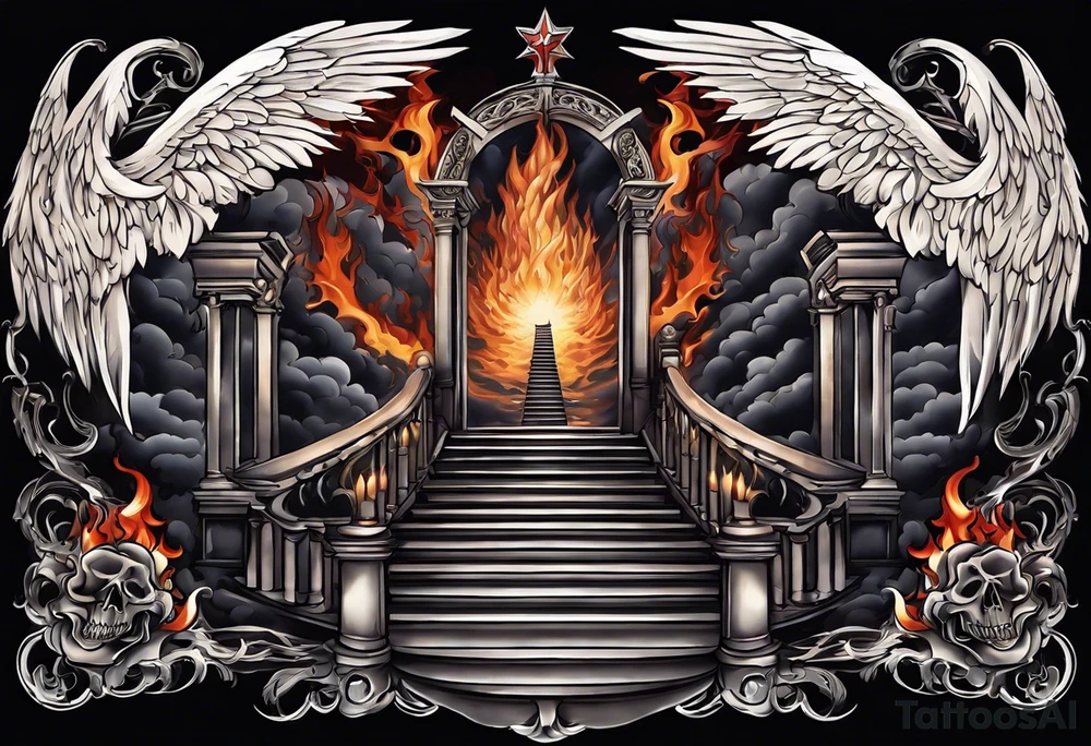 Chest tattoo design split down the middle. Angel/heaven side on the left with a staircase going up. Devil/hell side on the right with a staircase going down. Clouds on the angel side. Flames on the hell side. One angel wing & one devil wing as background features. tattoo idea