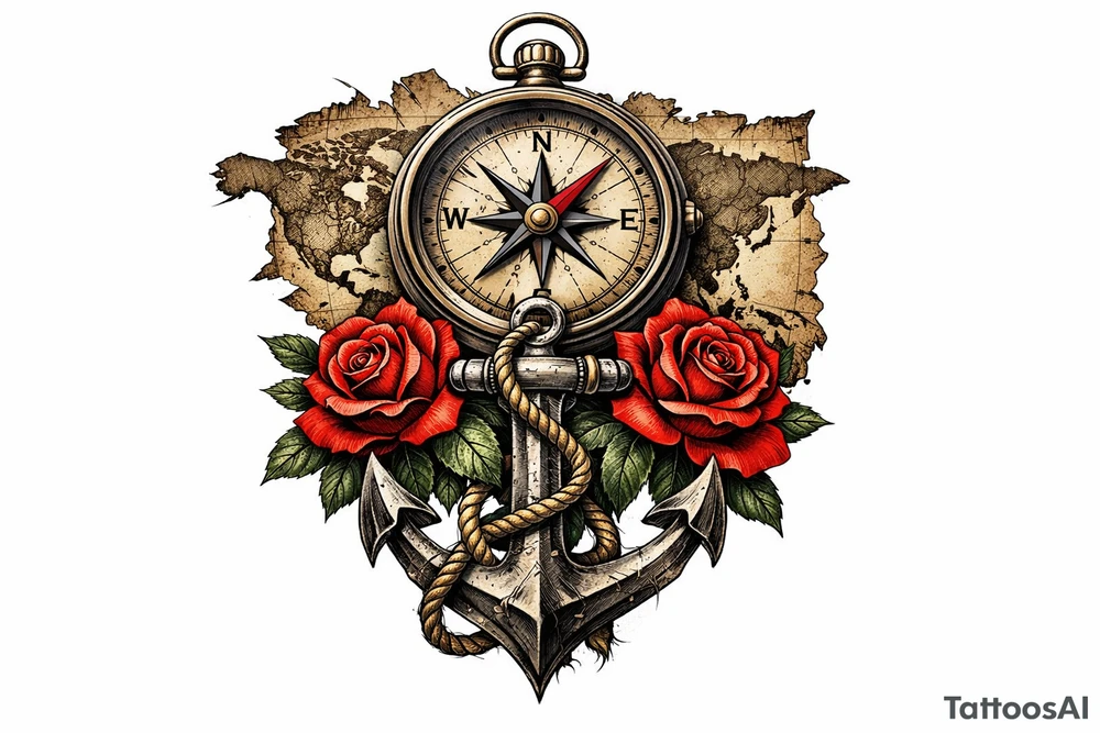 a compass under it an anchor, roses,world map. tattoo idea