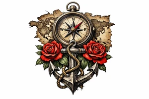 a compass under it an anchor, roses,world map. tattoo idea