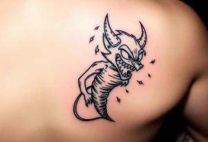 Give me the cartoon tazmanian devil with half his body a tornado and initials floating in the tornado of BD, TD, LJ, MA,HE tattoo idea