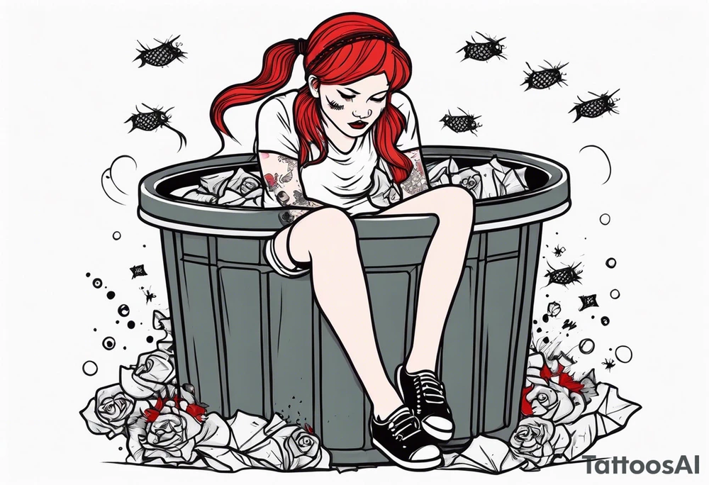 Dead girl with fishnet stockings and red hair with pig tails inside of a trash can with flies buzzing around tattoo idea