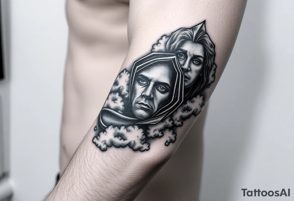 heavenly eyes below the elbow with clouds under it with a portrait dedicated to a dead family member tattoo idea