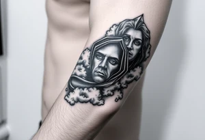 heavenly eyes below the elbow with clouds under it with a portrait dedicated to a dead family member tattoo idea