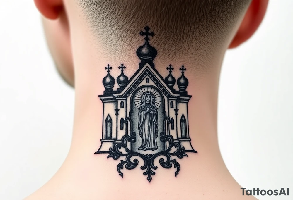 medium traditional russian orthodox church with a russian coat arms and virgin mary tattoo idea