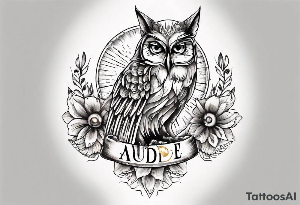 halb 
Fuchs halb Eule unter der Sonne mit dem Schriftzug Sapere Aude tattoo idea
