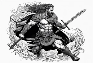 Full body side profile of Celtic warrior running into battle tattoo idea