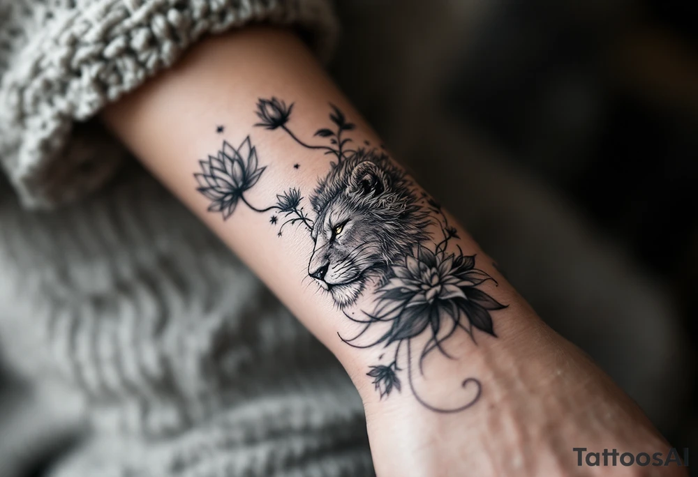 Lioness and lotus flower tattoo idea