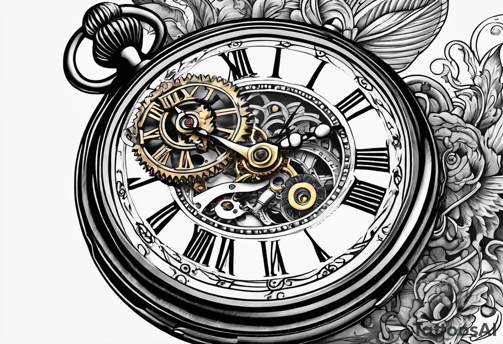 Old school pocket watch exploded showing inner mechanism tattoo idea