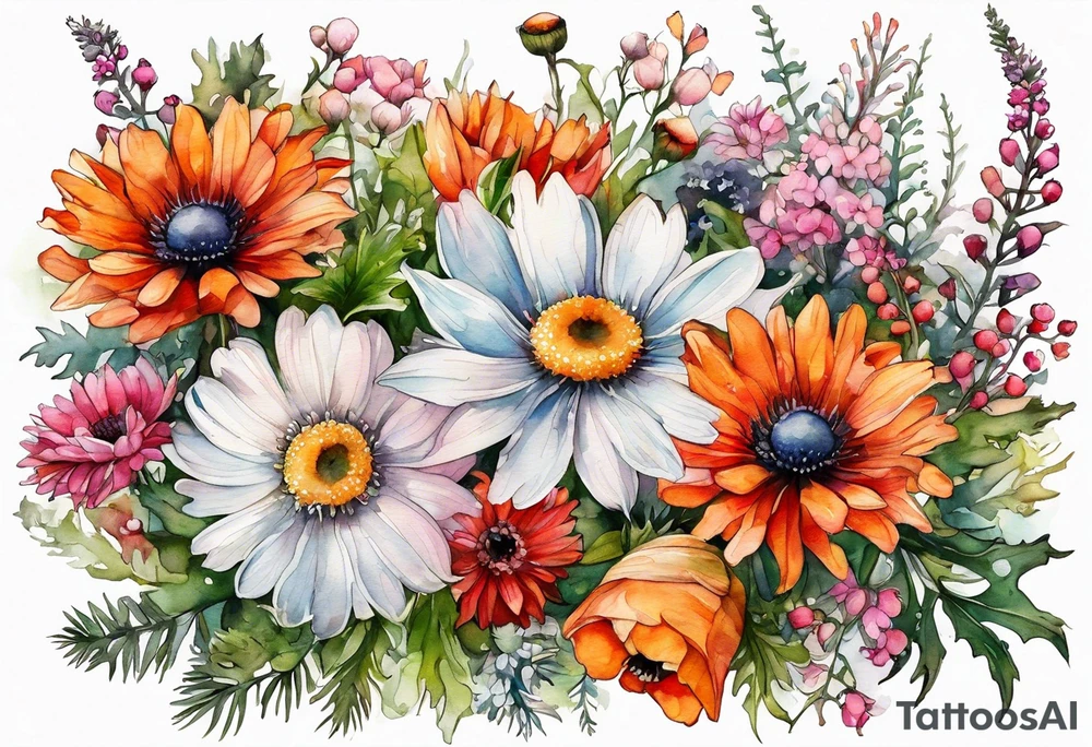 wildflowers cascading with thistles, ferns, white anemones, sun flowers, orange flowers, pink flowers, red flowers, babys breath and daisies all in watercolor tattoo idea