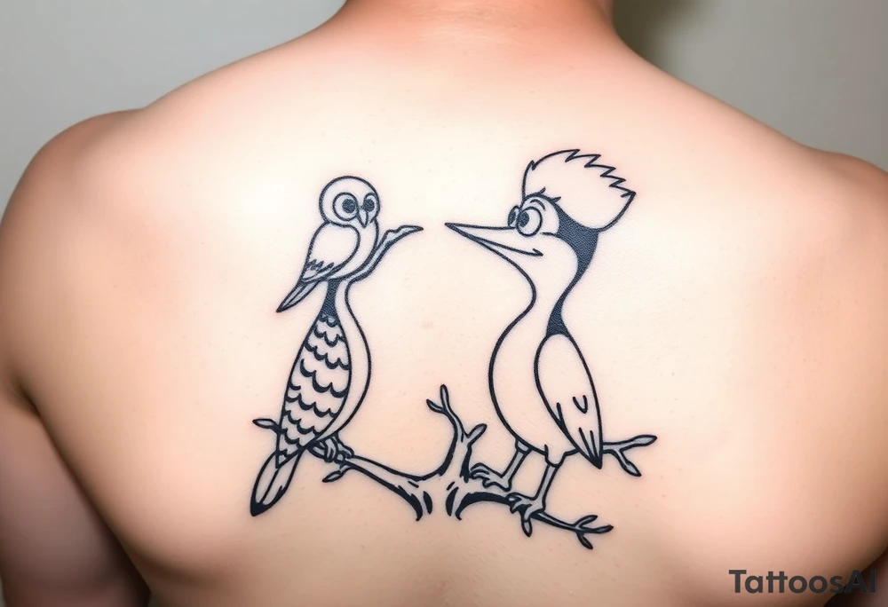 Woody the woodpecker cartoon character gazing in love at a owl in a willow tree tattoo idea