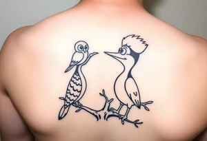 Woody the woodpecker cartoon character gazing in love at a owl in a willow tree tattoo idea