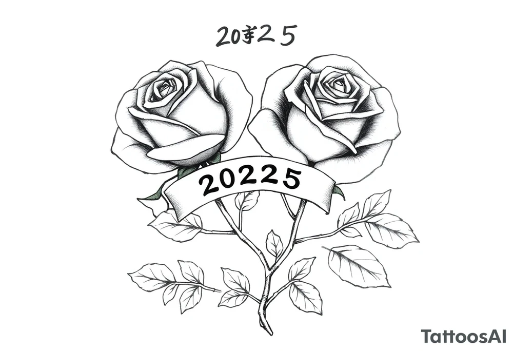 two beautiful rose buds, one larger than the other, with many leaves and their stems intertwined, representing two people in love. Include a banner connecting the two roses with "2025" on it.  The word "Rose" written in Kanji above the drawing.  Use dark outlines with little shading. The two stems should connect and join into one stem, whimsically curved or twisted - not straight down. tattoo idea
