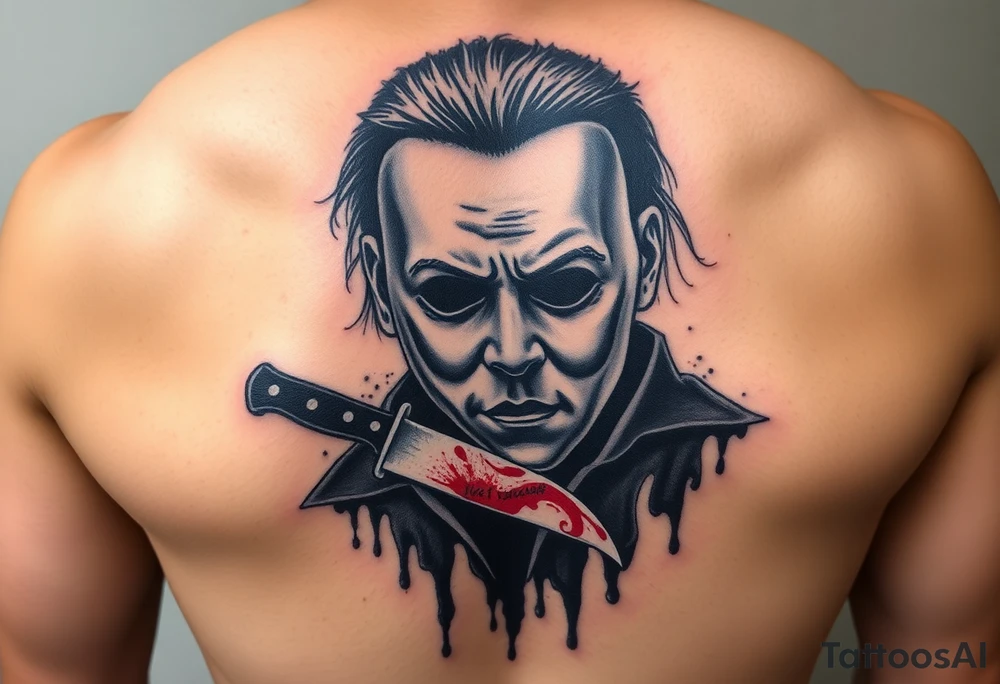Scary Micheal Myers with a bloody knife stabbing tattoo idea