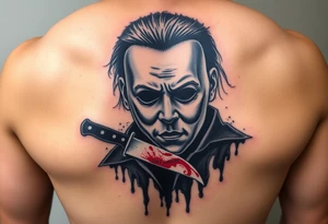 Scary Micheal Myers with a bloody knife stabbing tattoo idea