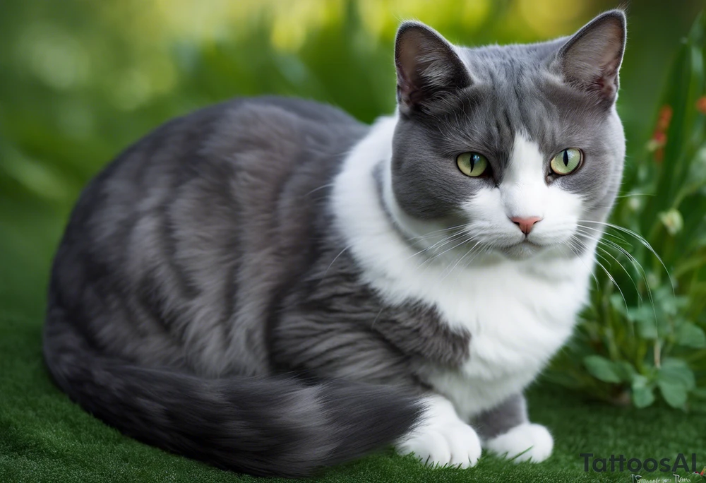 Grey and white cat. She has mostly grey body, smaller white patches on her belly, all four paws are white, but her legs are grey.  she has a tiny little white moustache. White whiskers. She is on the larger side for a cat. I want the tattoo to reflect her sweet personality. She loved sunshine and flowers. She is recently passed away and I would like a memorial tattoo of my sweet baby cat. I want a black and white simple sketch. Her face is completely grey except a tiny white moustache below her nose. tattoo idea