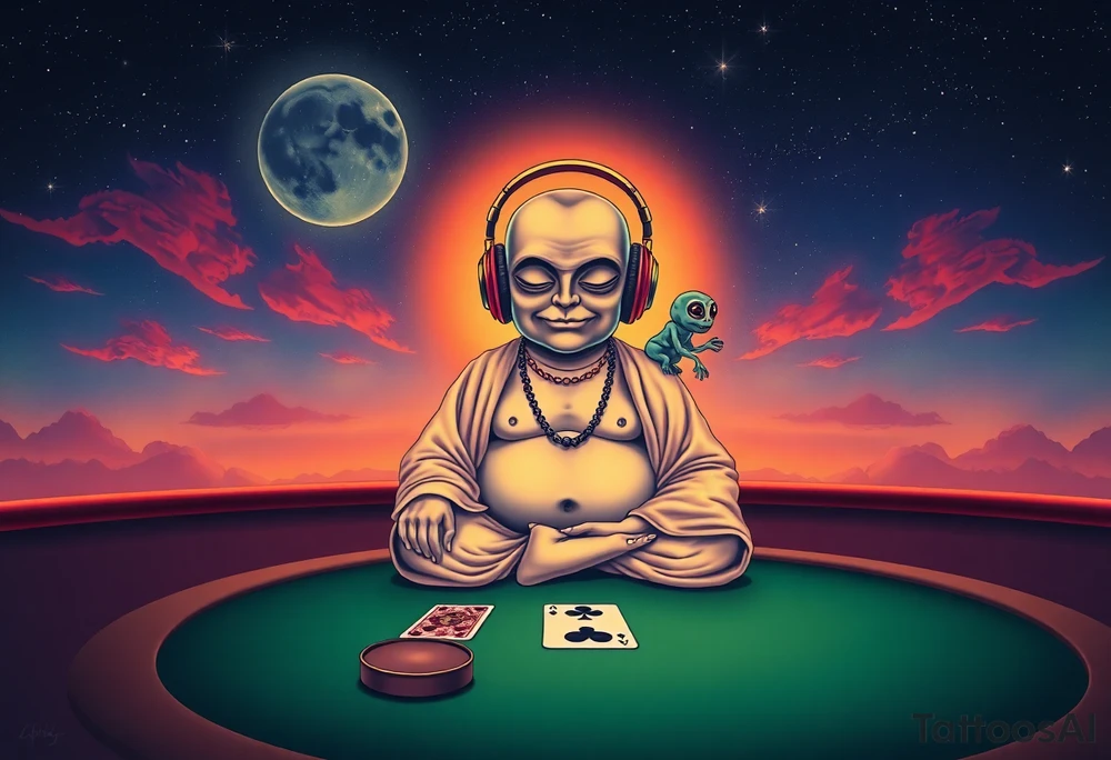 a dim celestial light shines over a curious wise chubby alien buddha who is wearing headphones and is calmly meditating on top of a texas hold'em table, and under a beautiful starry sky. There is a friendly alien sitting on his shoulder. tattoo idea