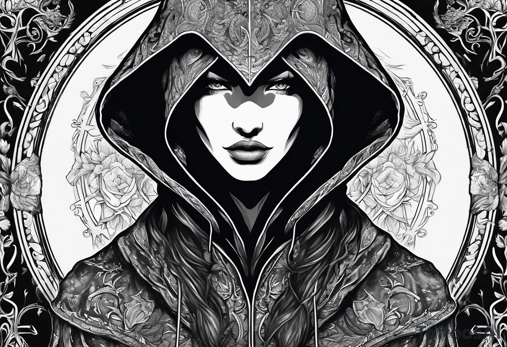 Hooded figure with no face carrying staff and wearing a long tattered cloak tattoo idea