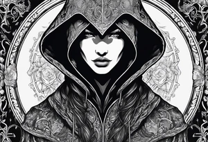 Hooded figure with no face carrying staff and wearing a long tattered cloak tattoo idea