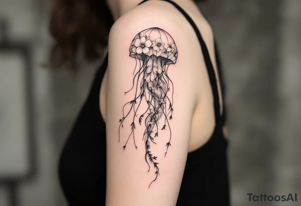 fine-line tattoo, single jellyfish, flowers butterflies composition, jellyfish bell blossoms, butterfly wing dome, flowing trailing tentacles, floral vine tentacles, tentacle streamers, overlapping blossom bell, minimalist elegant design, nature-inspired, delicate black grey lines, soft shading, no outlines, outline-free design, floral jellyfish, botanical sea creature, organic flow, upper arm shoulder placement, light airy feel, poetic minimalism, vine-shaped tentacles, petal tentacle flow, blossom bell composition, wing dome structure, delicate linework, soft botanical shading, nature creature fusion, minimalist intricacy, elegant simplicity, flowing organic movement, shoulder arm curve, lightweight design, subtle detail work, refined botanical elements, understated complexity, clean minimalist lines, gentle nature fusion, trailing floral streamers, jellyfish bell florals, butterfly wing bell, flowing tentacle vines tattoo idea