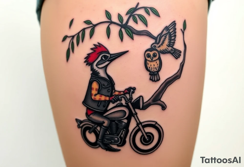 Woody the woodpecker wearing a leather vest that says peckerwoods, on a Harley Davidson under a willow tree, gazing in love at a barn owl tattoo idea