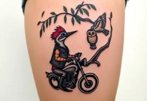 Woody the woodpecker wearing a leather vest that says peckerwoods, on a Harley Davidson under a willow tree, gazing in love at a barn owl tattoo idea