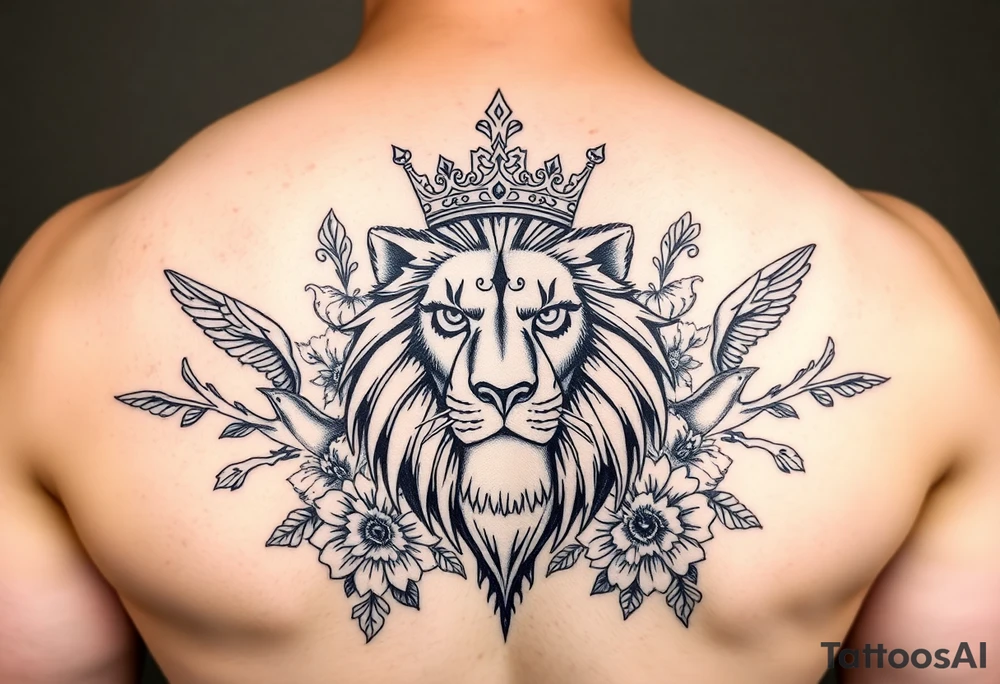 powerful majestic lion with a crown, surrounded by floral ornaments and birds tattoo idea