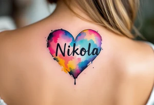 A colorful mini splashed heart, with vibrant hues of red, pink, blue, and yellow, and the name "Nikola" boldly displayed in a black modern sans-serif font. tattoo idea