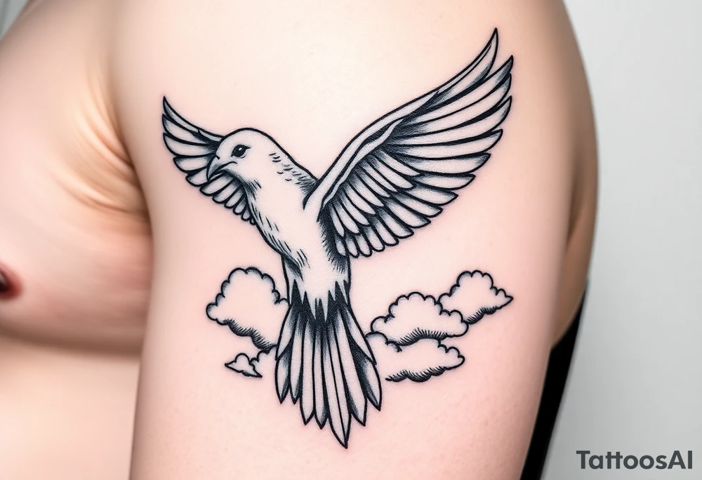 Dove and a blue jay, clouds, shining light to or from heaven tattoo idea
