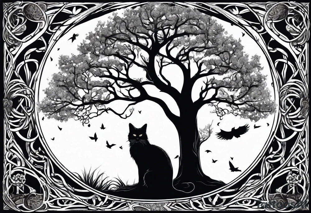world tree with a cat and a raven and knotwork arm tattoo tattoo idea