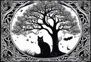world tree with a cat and a raven and knotwork arm tattoo tattoo idea
