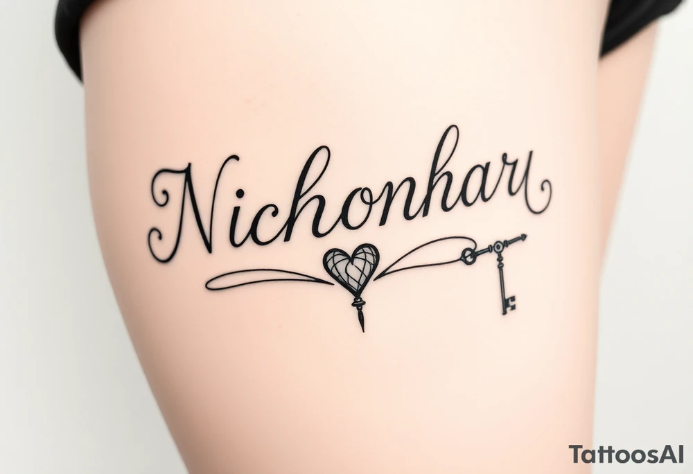 Cursive font writing with creative swirls running with the letters spelling Nicholas Carr. With a fancy heart and key in it at the end.  Nicholas Carr tattoo idea