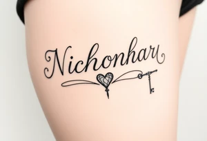 Cursive font writing with creative swirls running with the letters spelling Nicholas Carr. With a fancy heart and key in it at the end.  Nicholas Carr tattoo idea