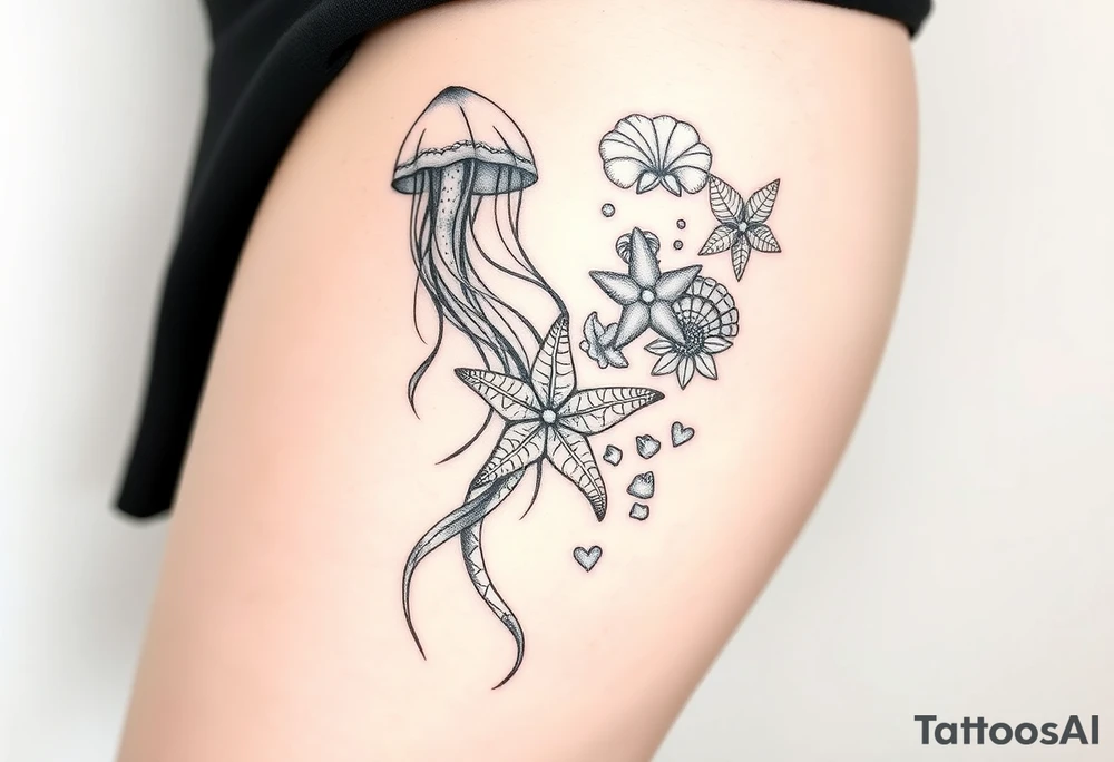 Ocean themed sleeve with jellyfish, mermaid, starfish, sea turtle, shells tattoo idea