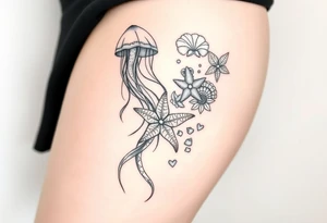 Ocean themed sleeve with jellyfish, mermaid, starfish, sea turtle, shells tattoo idea